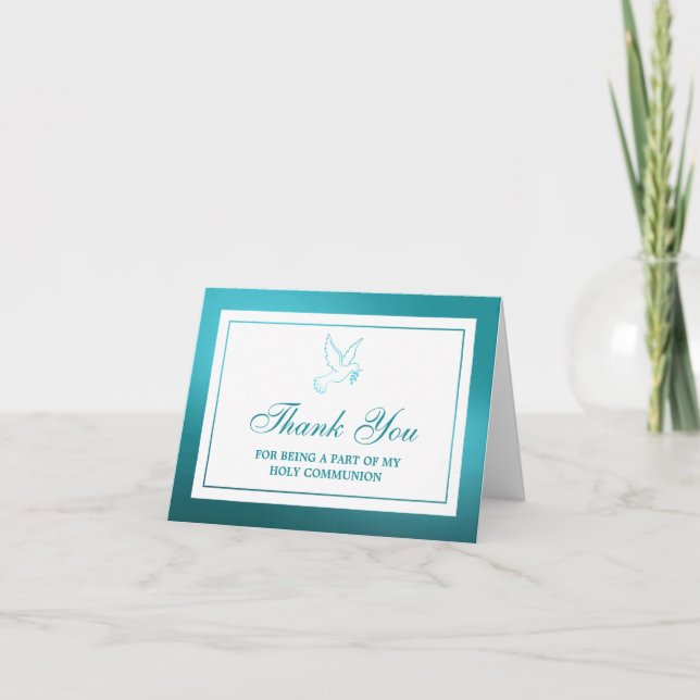 Metallische Aquamarine Taube Heilige Kommunion ode Dankeskarte (Vorderseite)