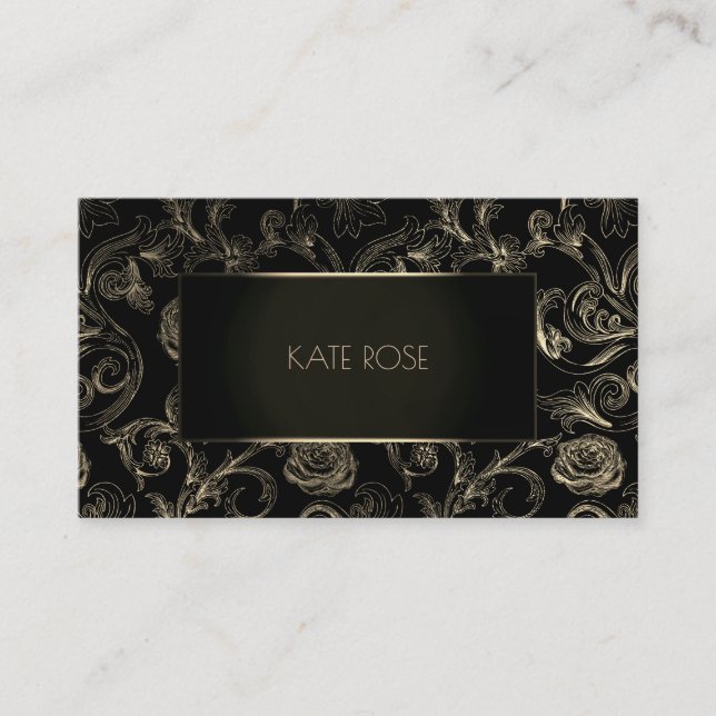 Metallische Black Champaign Gold Floral Frame Rose Visitenkarte (Vorderseite)