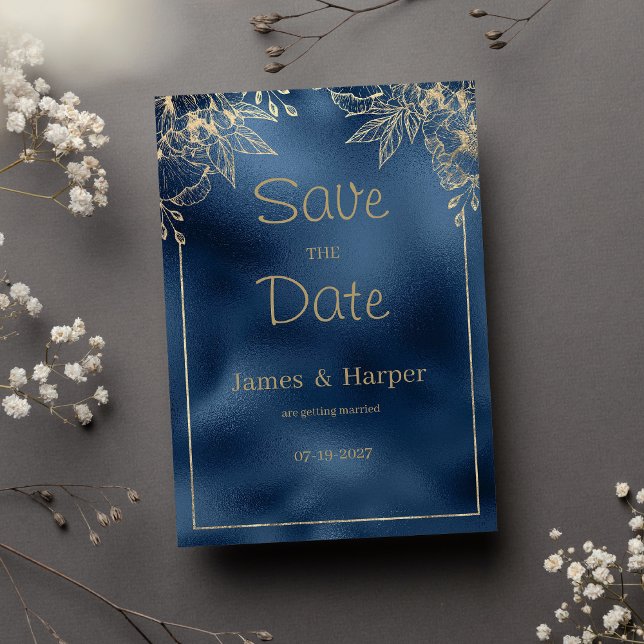 Metallische blaue Gradienten Gold blumenreich Save Einladung (Metallic blue gradient gold floral Save the Date)
