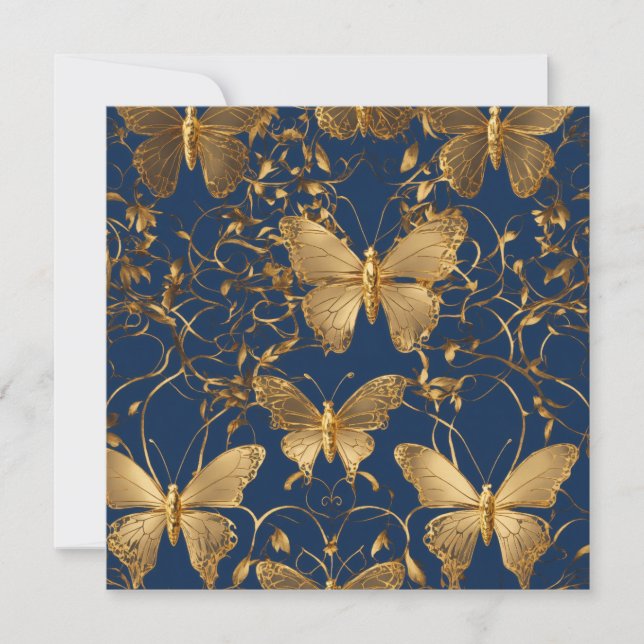 Metallische blaue Schmetterlinge mit Goldweinen Einladung (Vorderseite)
