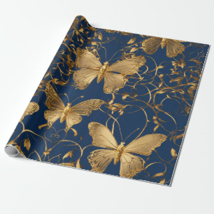 Metallische blaue Schmetterlinge mit Goldweinen Geschenkpapier