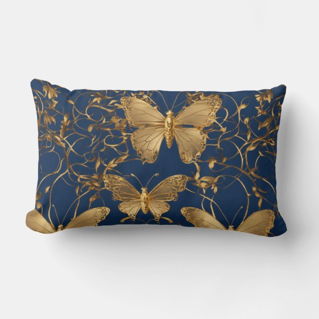 Metallische blaue Schmetterlinge mit Goldweinen Lendenkissen (Vorderseite)