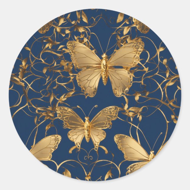 Metallische blaue Schmetterlinge mit Goldweinen Runder Aufkleber (Vorderseite)
