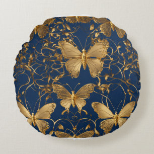 Metallische blaue Schmetterlinge mit Goldweinen Rundes Kissen