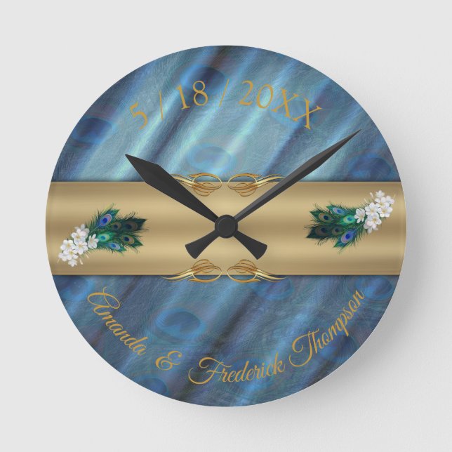 Metallische blaugrüne Seide- Gold Peacocks Feather Runde Wanduhr (Vorderseite)