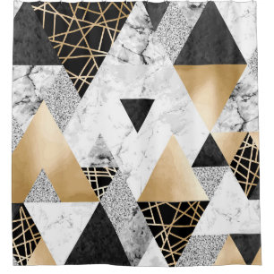 Metallische Geometrie: Gold-Silber-Marmor Duschvorhang