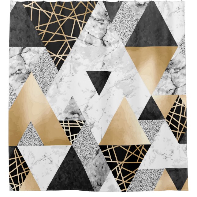 Metallische Geometrie: Gold-Silber-Marmor Duschvorhang (Vorderseite)