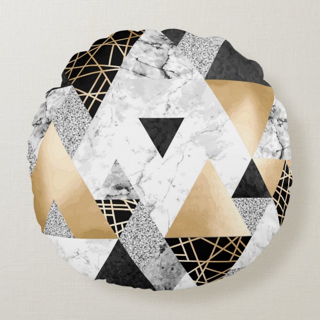 Metallische Geometrie: Gold-Silber-Marmor Rundes Kissen (Vorderseite)