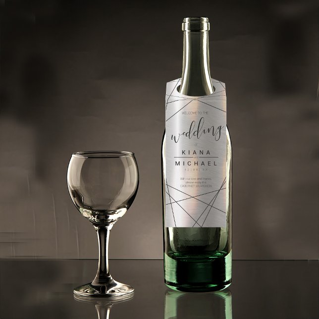 Metallische Geometrische Hochzeitsilber/Schwarz-ID Flaschenanhänger (Wine Bottle In Situ)