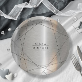 Metallische Geometrische Hochzeitsilber/Schwarz-ID Pappteller