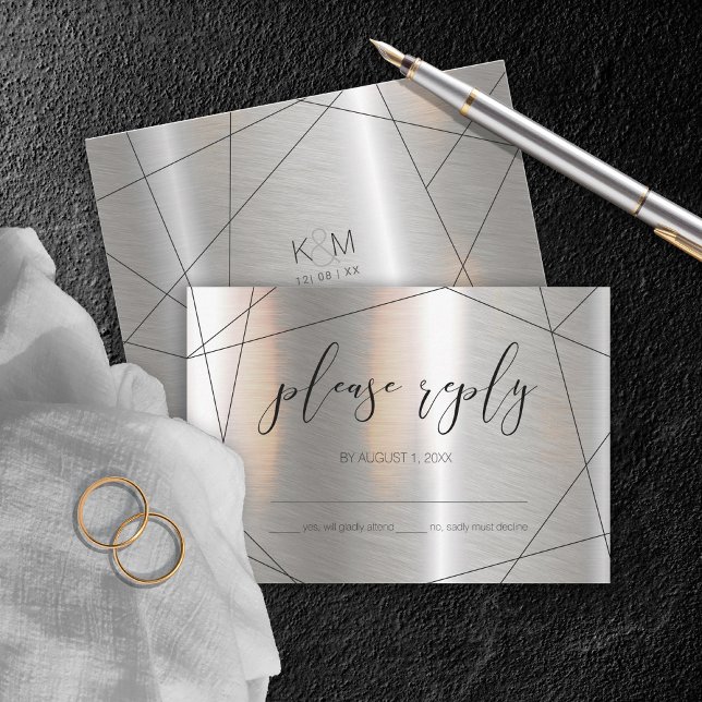 Metallische Geometrische Hochzeitsilber/Schwarz-ID RSVP Karte (Von Creator hochgeladen)