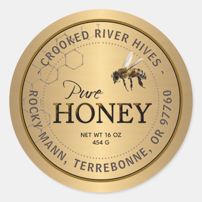 Metallische Gold Honey Label Realistische BienenHo Runder Aufkleber (Vorderseite)