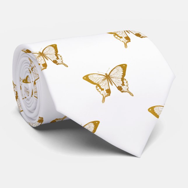 Metallische goldene Schmetterlinge auf Weiß Krawatte (Gerollt)