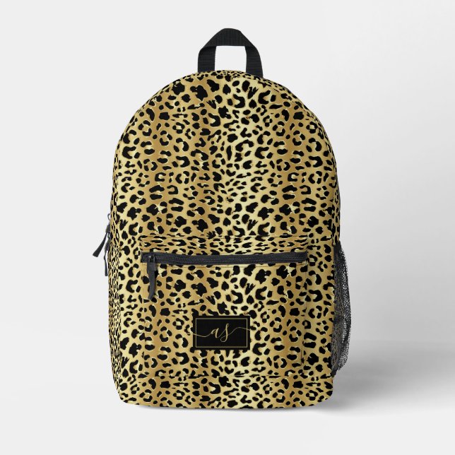 Metallische Goldfolie Schwarzer Leopard Mit Monogr Bedruckter Rucksack (Vorderseite)