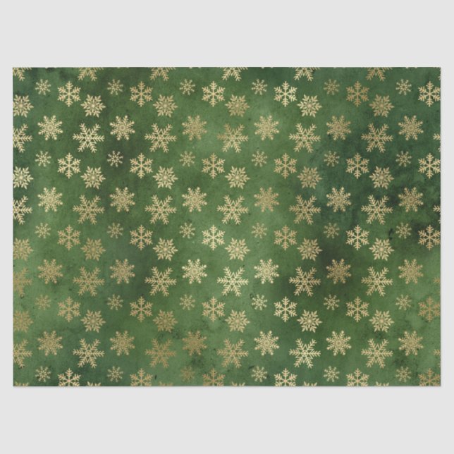 Metallische Goldschneeflocken auf grüner Decoupage Seidenpapier (Vorderseite)