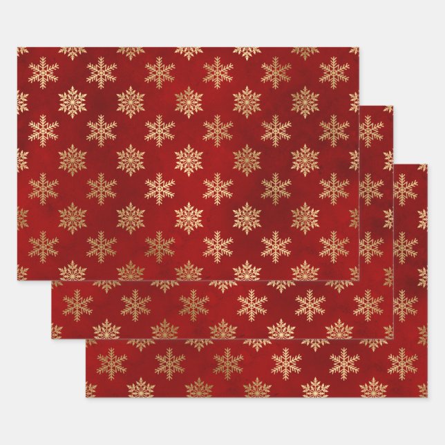 Metallische Goldschneeflocken auf Rot Geschenkpapier Set (Set)