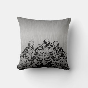 Metallische Grau- und Schwarz-Floral-Spitze Kissen