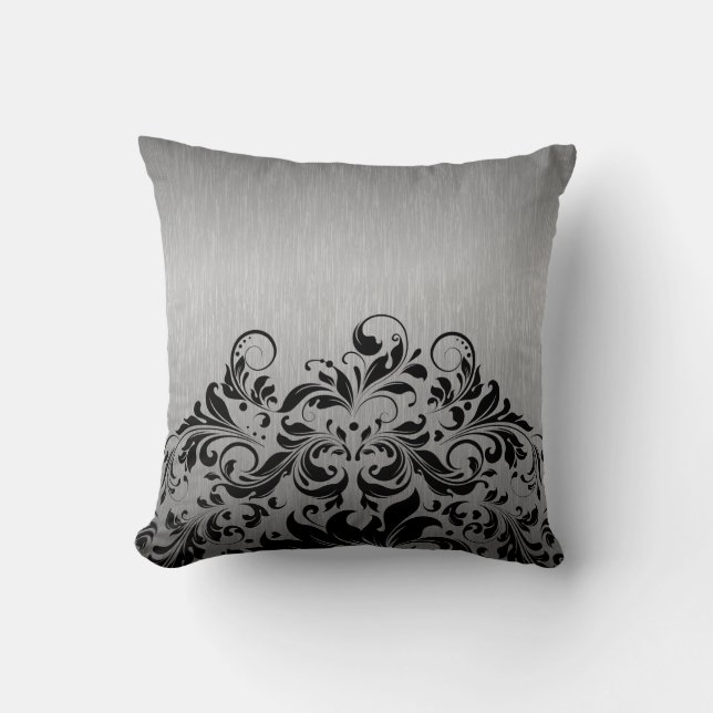 Metallische Grau- und Schwarz-Floral-Spitze Kissen (Vorderseite)