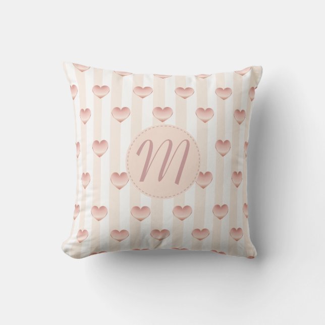 Metallische Herzen und Streifen Girly Monogram Kissen (Vorderseite)