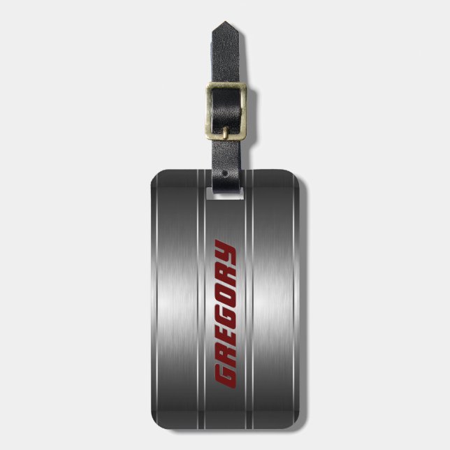 Metallische Imitate Silver Stripes Muster rote Akz Gepäckanhänger (Vorderseite vertikal)