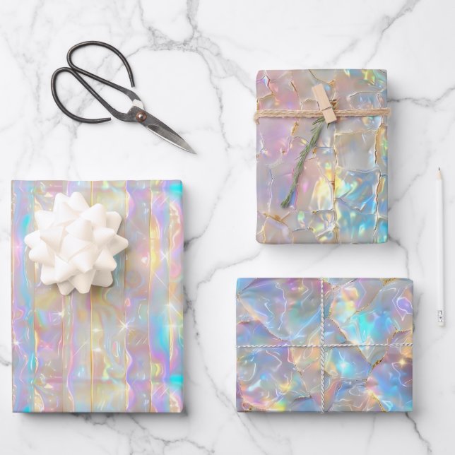 Metallische Iridescent Rainbow Holographic Girly Geschenkpapier Set (Vorderseite)