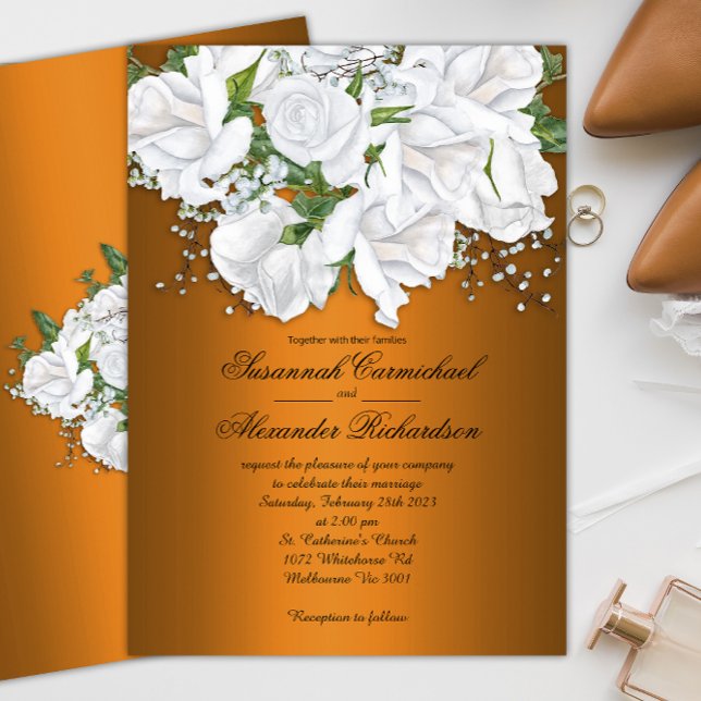 Metallische Orange und White Rose Bouquet Wedding Einladung (Von Creator hochgeladen)