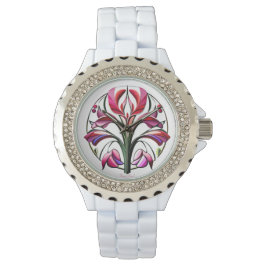 Metallische Orchidee: Eine rosa und gelbe Extravag Armbanduhr