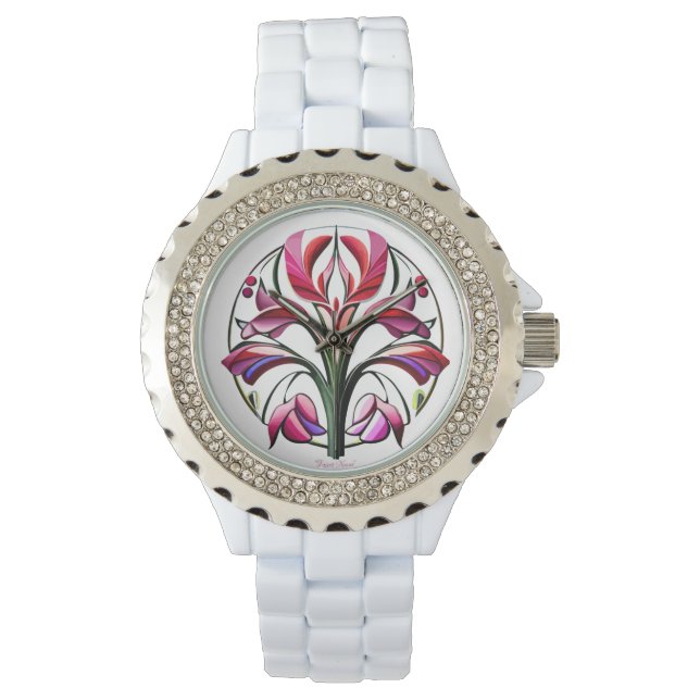Metallische Orchidee: Eine rosa und gelbe Extravag Armbanduhr (Vorderseite)