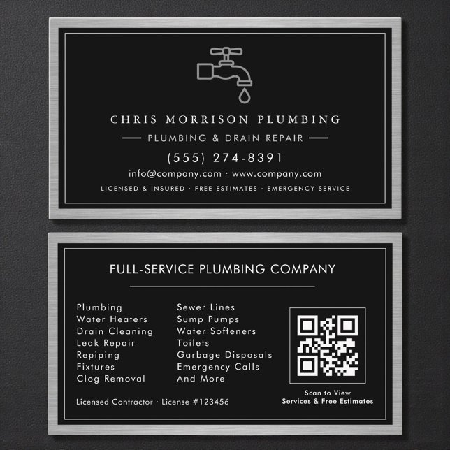 Metallische QR-Code-Klempnerdienste Schwarz Silber Visitenkarte (Von Creator hochgeladen)