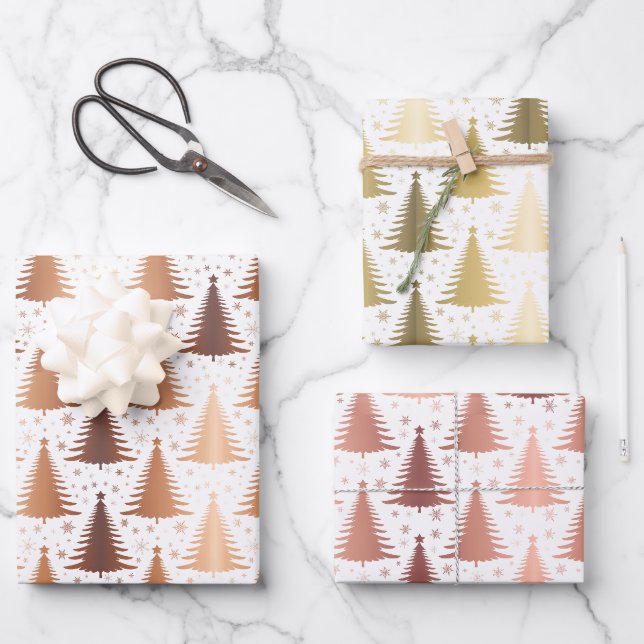 Metallische Rose Gelb goldenes Weihnachtsbaummuste Geschenkpapier Set (Vorderseite)