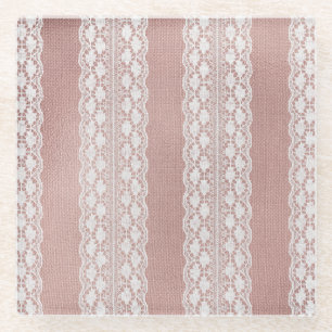 Metallische Rose Gold, cremefarbene Spitzentextur. Glasuntersetzer