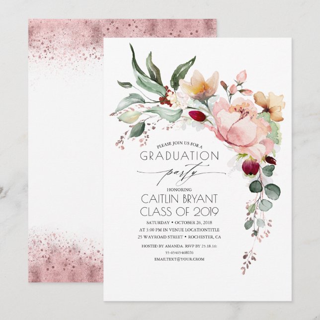 Metallische Rose Gold Glitzer Abschluss Einladung (Vorne/Hinten)