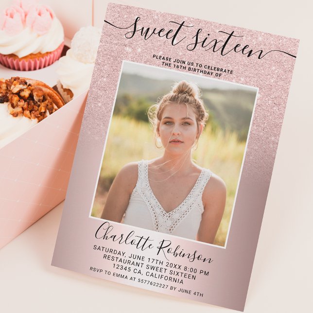 Metallische Rose Gold Glitzer ombre 3 Fotos Sweet  Einladung (Von Creator hochgeladen)