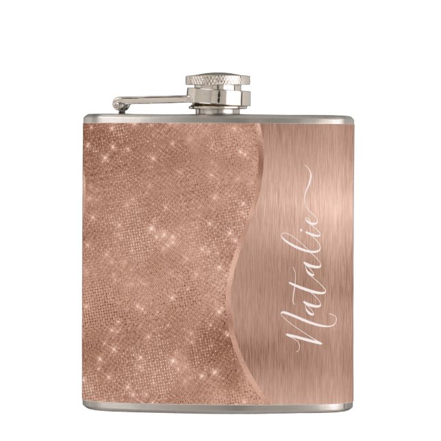 Metallische Rose Gold Glitzer Personalisiert Flachmann (Vorderseite)