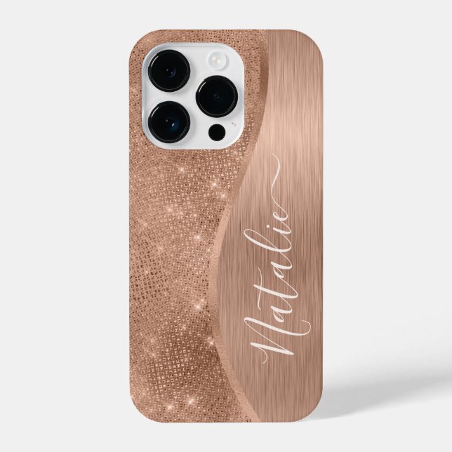 Metallische Rose Gold Glitzer Personalisiert iPhone 14 Pro Hülle (Rückseite)