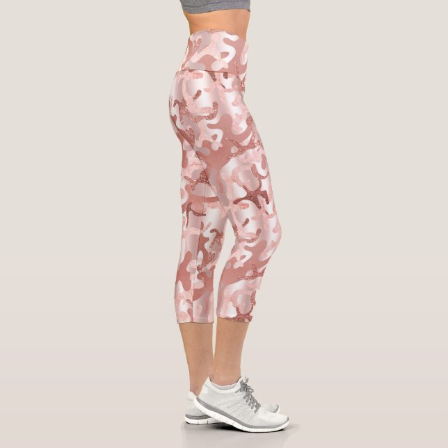 Metallische Rose Gold Glitzer Rosa Marmor Camoufla Capri Leggings (Rechts)