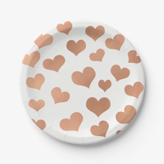 Metallische Rose Gold Hearts Confetti Weißkupfer Pappteller (Vorderseite)