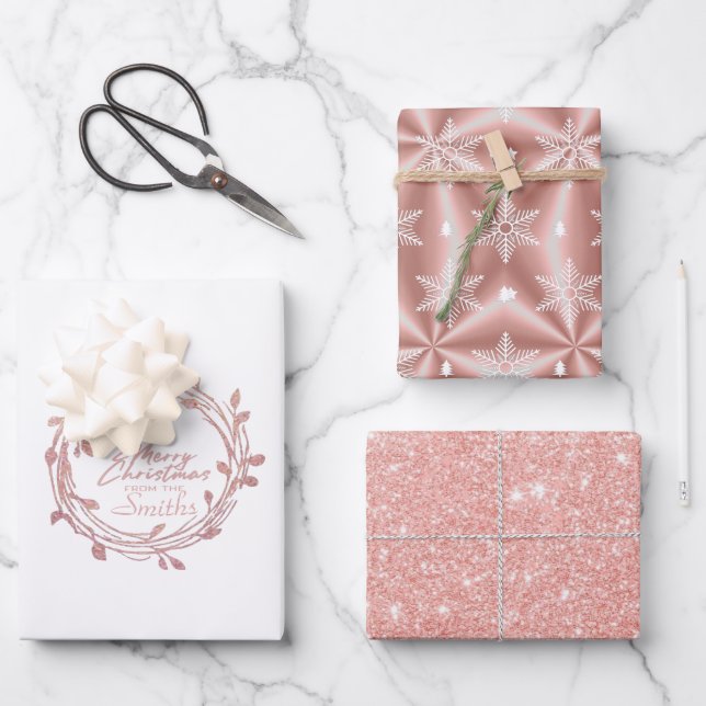Metallische Rose Gold Platinum Silber Weihnachten Geschenkpapier Set (Vorderseite)