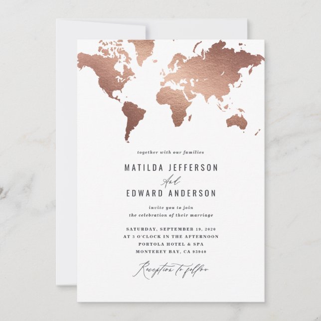 Metallische Rose Gold Weltkarte Hochzeitreise (Vorderseite)