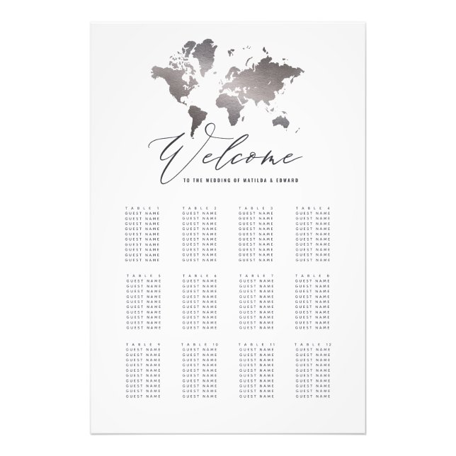 Metallische Silber-Weltkarte Hochzeitssitzplan Fotodruck (Vorne)