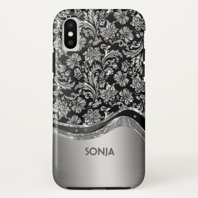 Metallische Silbergraue FlorDamasken Case-Mate iPhone Hülle (Rückseite)