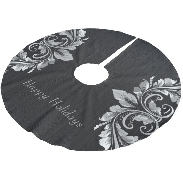 Metallische silbergraue Wirbel über schwarzem Hint Polyester Weihnachtsbaumdecke (Schrägansicht)