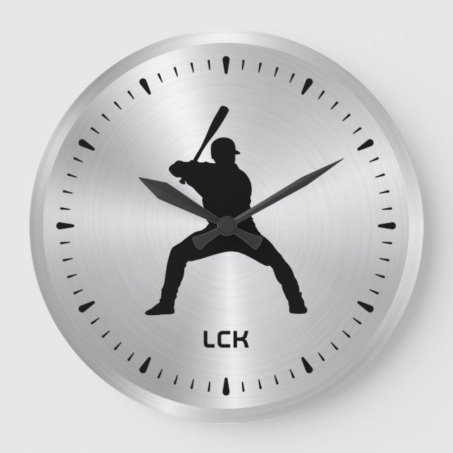 Metallische Silver Black Baseball Player Silhouett Große Wanduhr (Vorderseite)