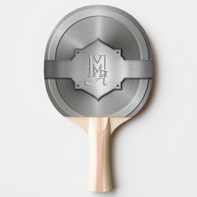 Metallische Stahlgrabtrompe l’oeil Monogram Tischtennis Schläger (Vorderseite)