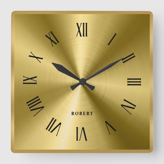 Metallische Textur Gold Grenze römische Zahlen Quadratische Wanduhr (Vorderseite)