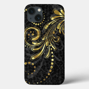 Metallischer gelber goldener Blumenwirbel auf schw iPhone 13 Hülle