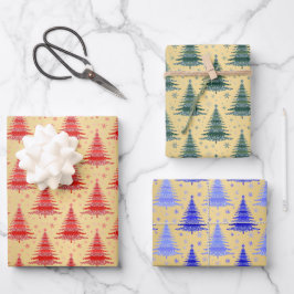 Metallischer Gold Weihnachtsbaumen Muster Glitzer Geschenkpapier Set