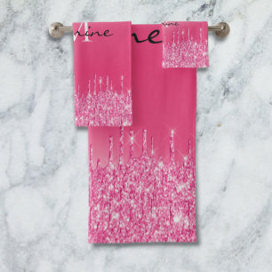 Metallischer Hot-Pink-Driving-Glitzer Mit Monogram Badhandtuch Set