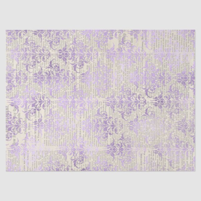 Metallischer Lavendel Damask auf Newsprint Decoupa Seidenpapier (Vorderseite)