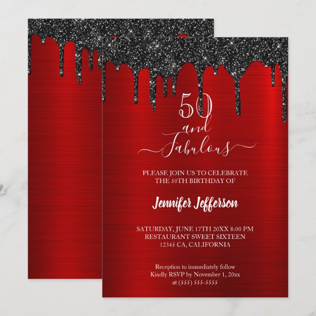 Metallischer roter Glitzer Einladung zum Geburtsta (Vorne/Hinten)